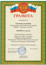 Призер муниципального конкурса творческих работ"Птицы глазами детей" Петрова Валерия